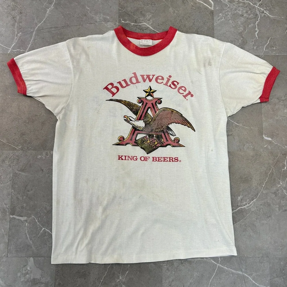 80s Vintage Budweiser Graphic Ringer Tee Mens XL Distressed King Of Beer Shirt